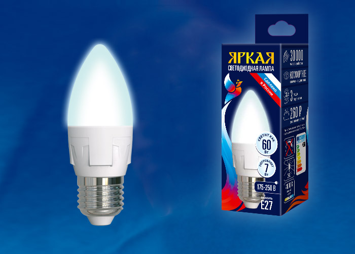 LED-C37 7W/NW/E27/FR PLP01WH Лампа светодиодная. Форма «свеча», матовая. Серия ЯРКАЯ. Белый свет (40
