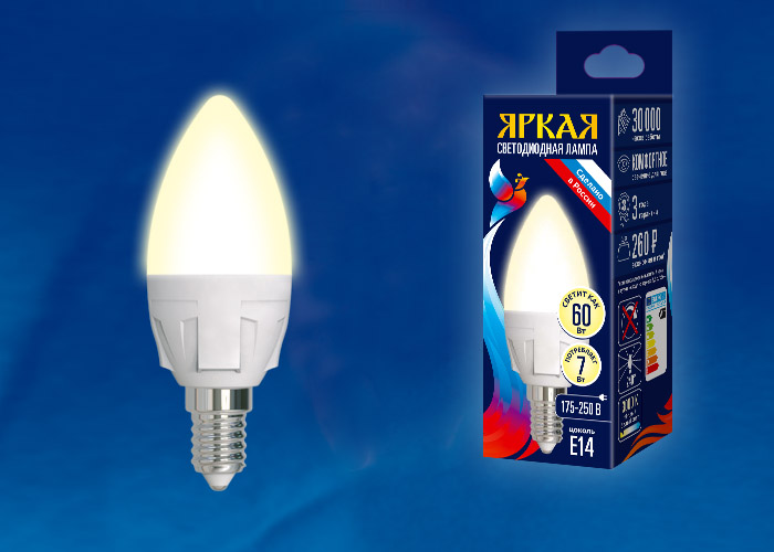 LED-C37 7W/WW/E14/FR PLP01WH Лампа светодиодная. Форма «свеча», матовая. Серия ЯРКАЯ. Теплый белый с