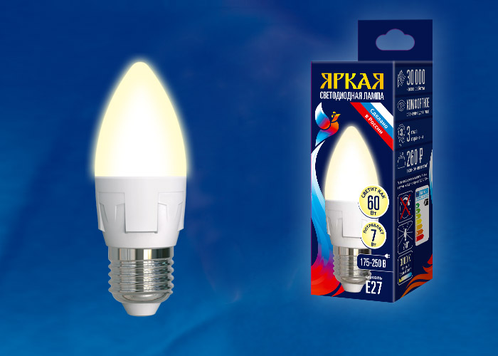 LED-C37 7W/WW/E27/FR PLP01WH Лампа светодиодная. Форма «свеча», матовая. Серия ЯРКАЯ. Теплый белый с