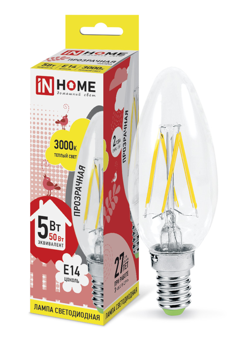 Лампа светодиодная LED-СВЕЧА-deco 5Вт 230В Е14 4000К 450Лм прозрачная IN HOME Лампа светодиодная LED-СВЕЧА-deco 5Вт 230В Е14 4000К 450Лм прозрачная IN HOME